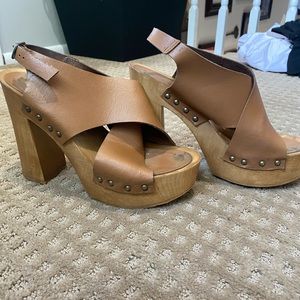 Tan Leather Platform Wooden Heels